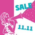 Poster in pink and white colors with woman with megaphone and text sale 11.11.